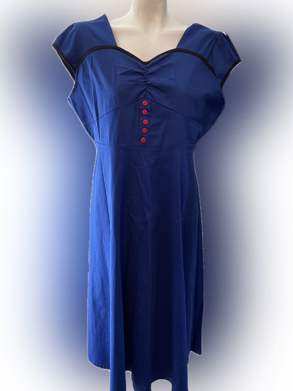 Classic Royal Blue Women's Dress with Red Button Detail
